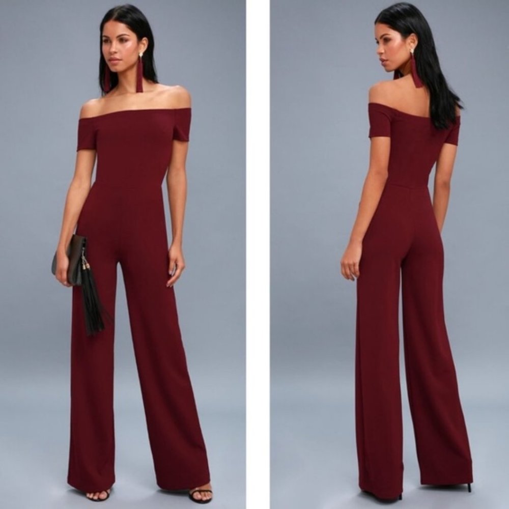 Lulu's Alleyoop Burgundy Off Shoulder Jumpsuit S